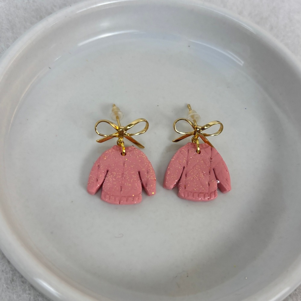 Pink Glitter Holiday Sweater Earrings Gold Bow Dangle Handmade Clay Cute Novelty